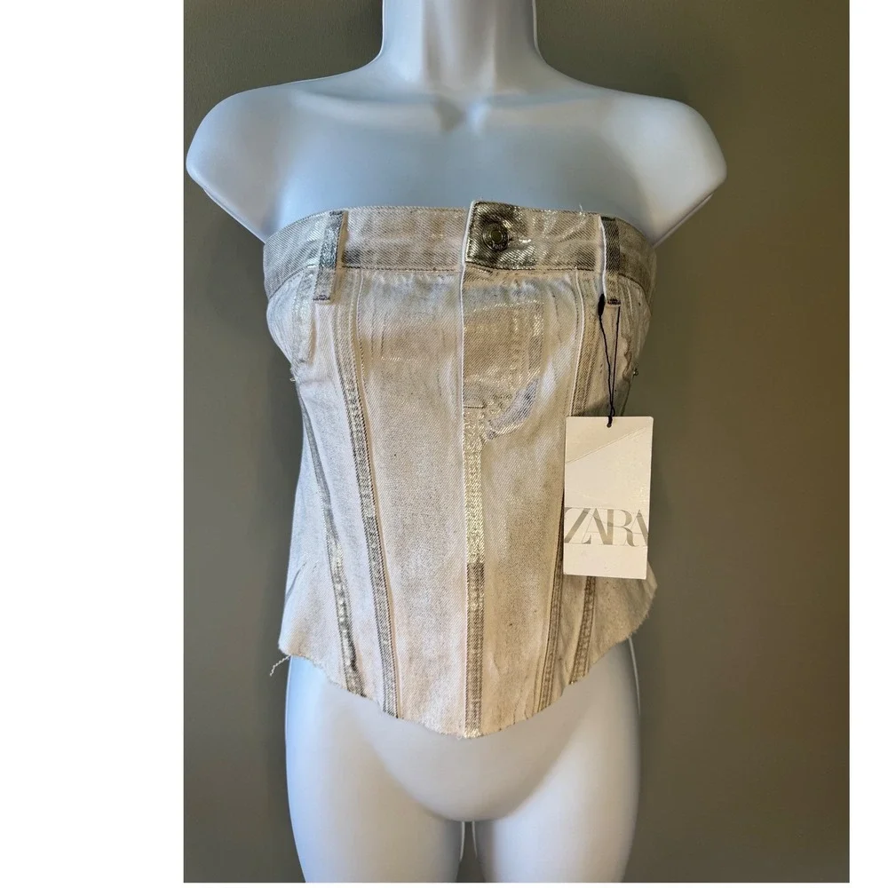 Zara Strapless Denim Corset Top Metallic Panel Bustier NWT‎ S Y2K Festival